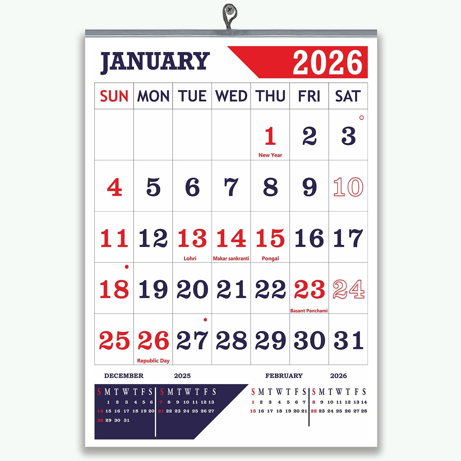 English Wall Calendar 2026 14x20" 12 sheets monthly wall calendar 2026 Navy Blue and Red colour Theme Calendar 2026 unique designs