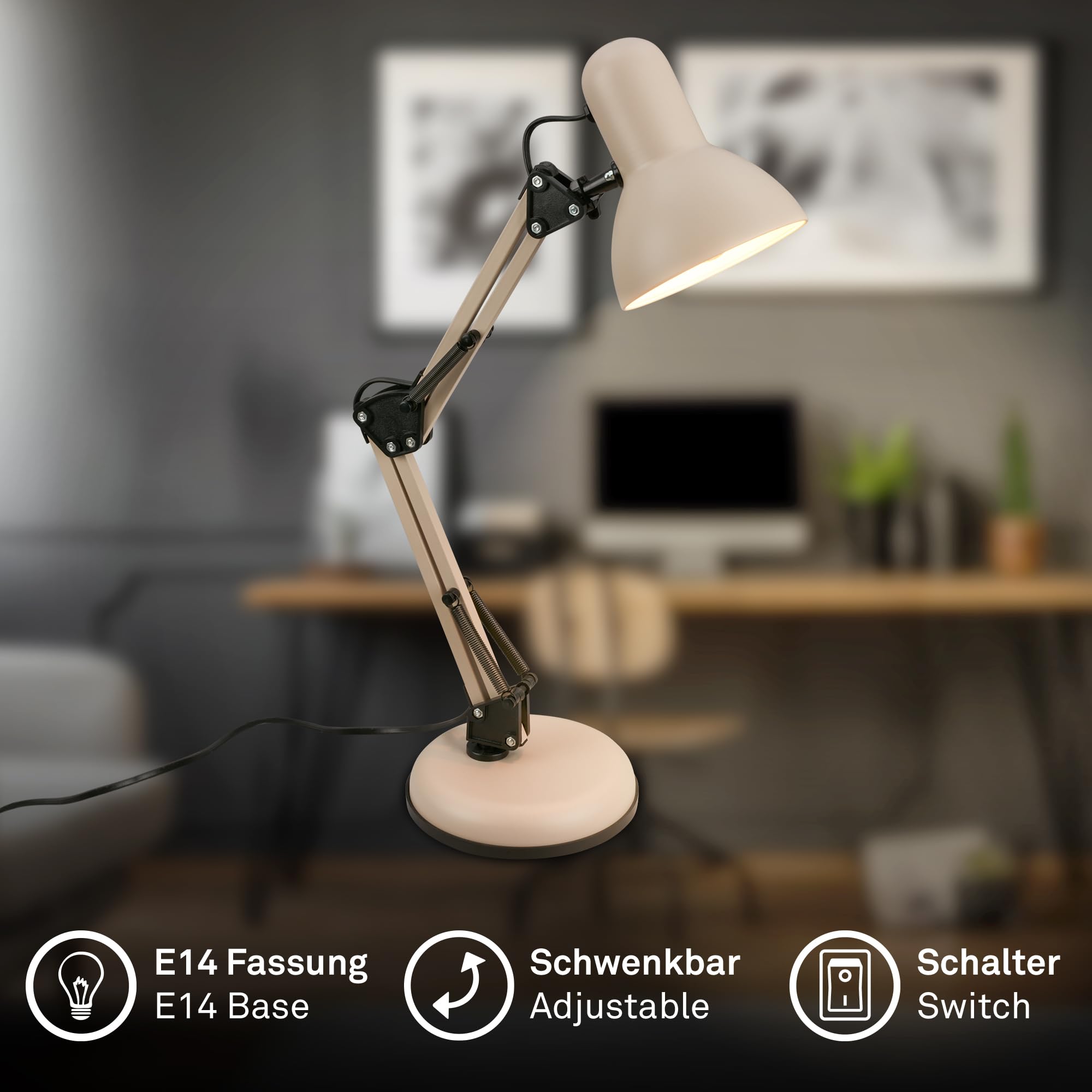 BRILONER - Lampara escritorio con cable e interruptor, orientable, E14, máx. 25W, flexo escritorio, lamparas de mesita de noche, lampara mesita noche, 15,5x53 cm, beige