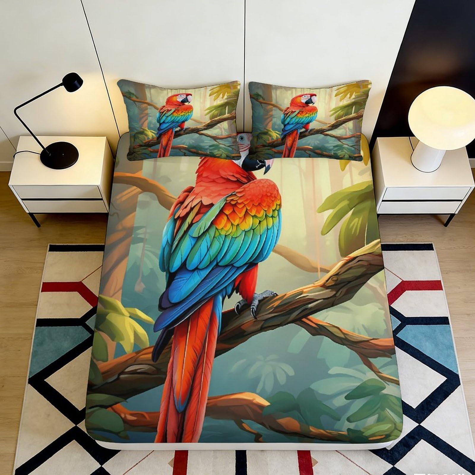Pnayamiorkfel Style-8 3D Printed Tropical Parrot Fitted Sheet Microfiber Soft Vibrant Rainforest Bed Cover For Bedroom Guest Room Decor 90X200x25cm