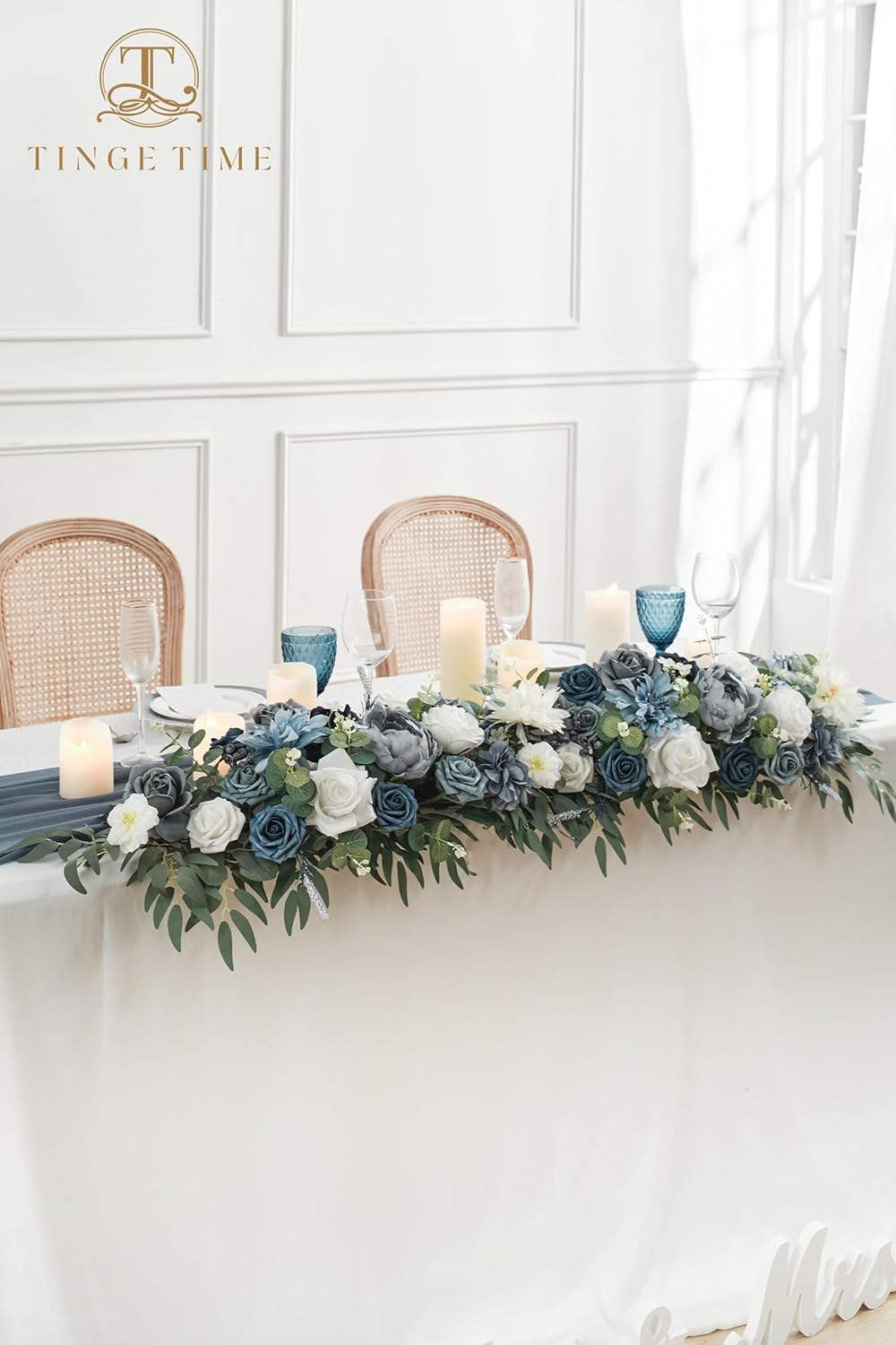 TINGE TIME Dusty Blue Flower Garlands, 2 PCS Artificial Eucalyptus Garlands, Handcraft Artificial Rose Arch Flowers for Wedding Arch Sweetheart Table Ceremony Backdrop Decorations for Home