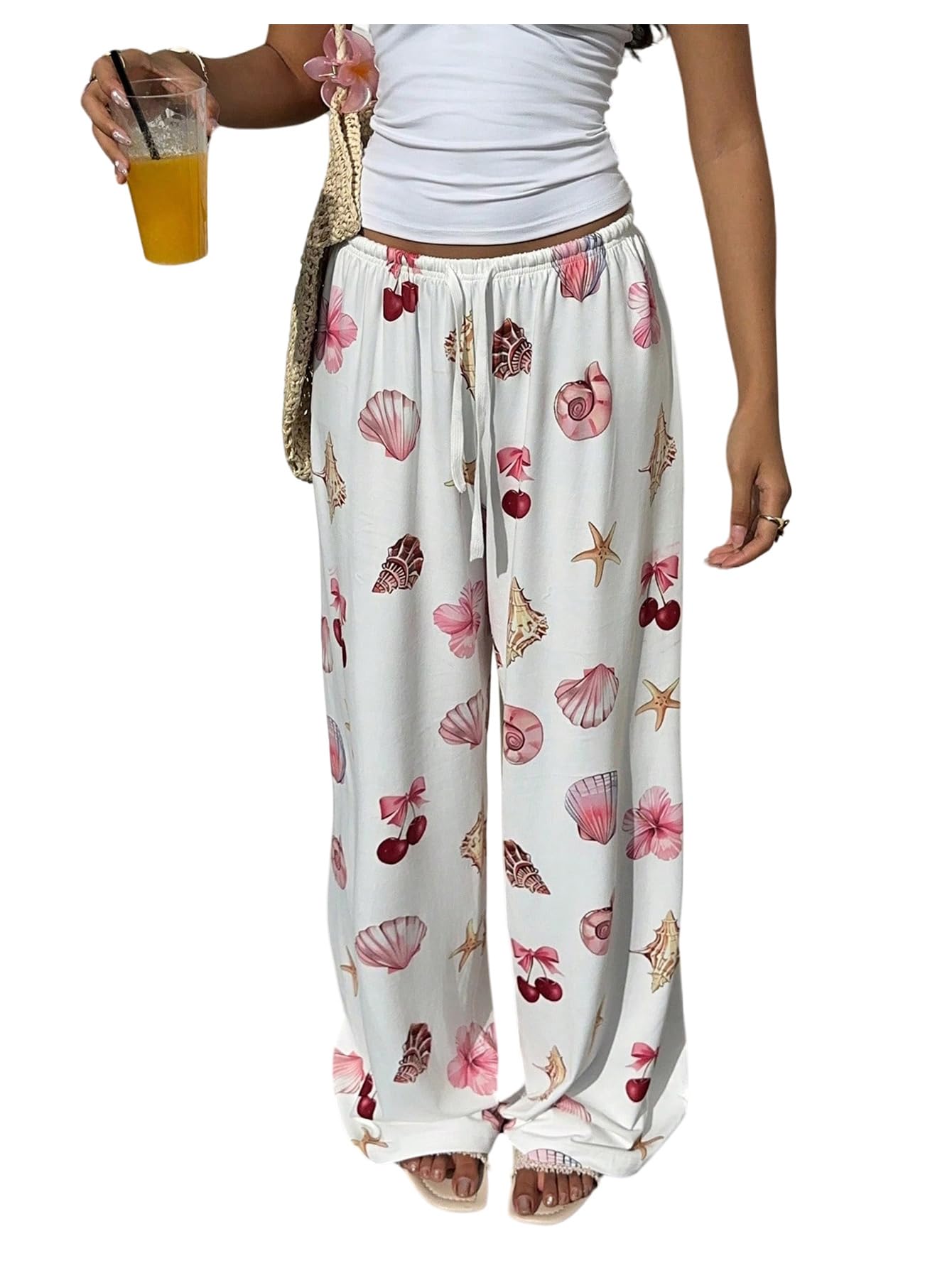 GORGLITTER Womens Seashell Graphic Wide Leg Pants Elastic High Waist Flowy Baggy Trousers