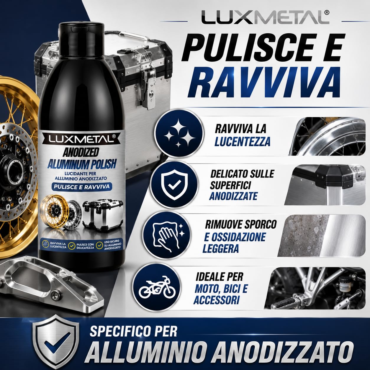 Anodized Aluminum Polish 250 gr, Lucidante per Alluminio Anodizzato, Pulisce e Ravviva Cerchi BMW GS Auto Moto Ruote Valigie e Bauli in Alluminio Azione Delicata