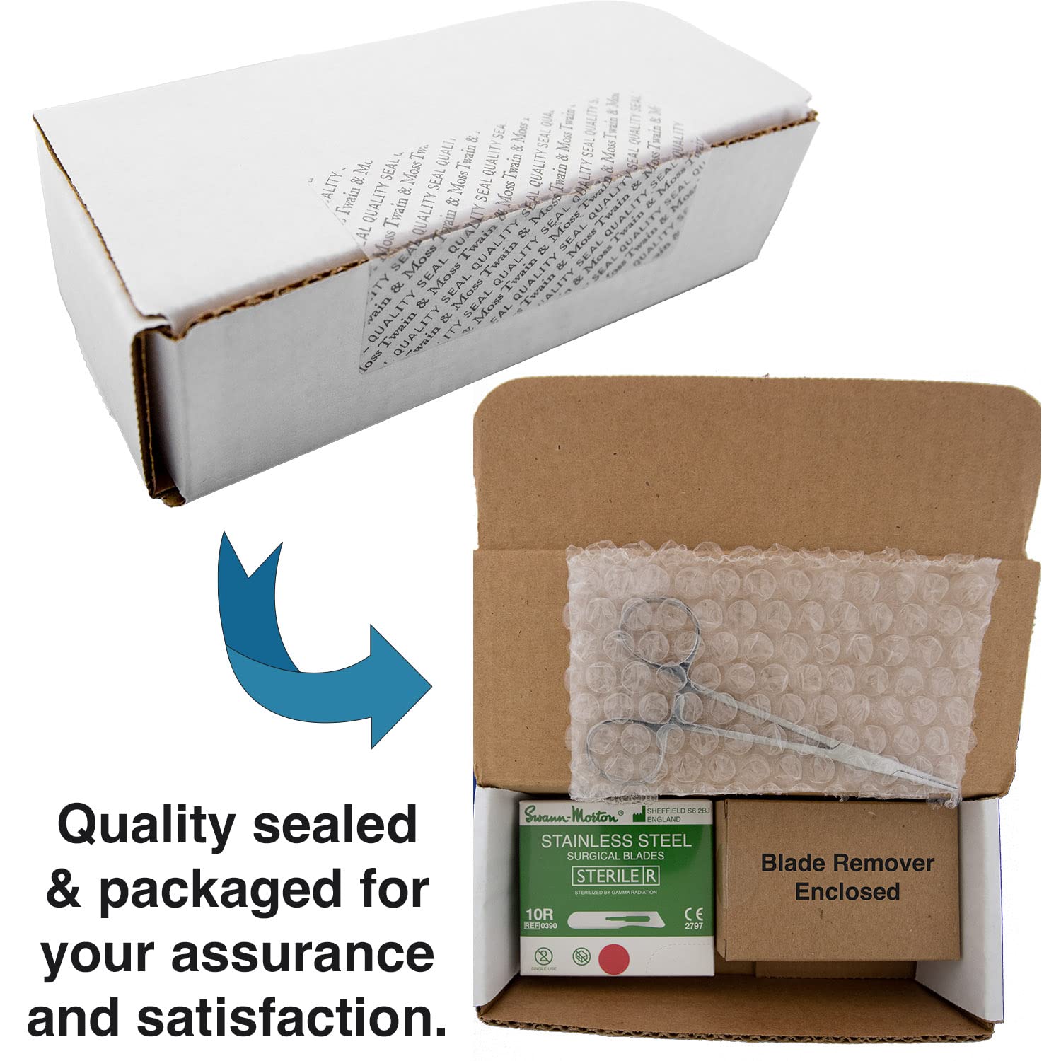 Dermaplaning Kit Professional Swann Morton 10R Dermaplaning Blades, scalpel blade remover box, hemostat for ease of installing surgically sharp dermaplane blades (3 items)