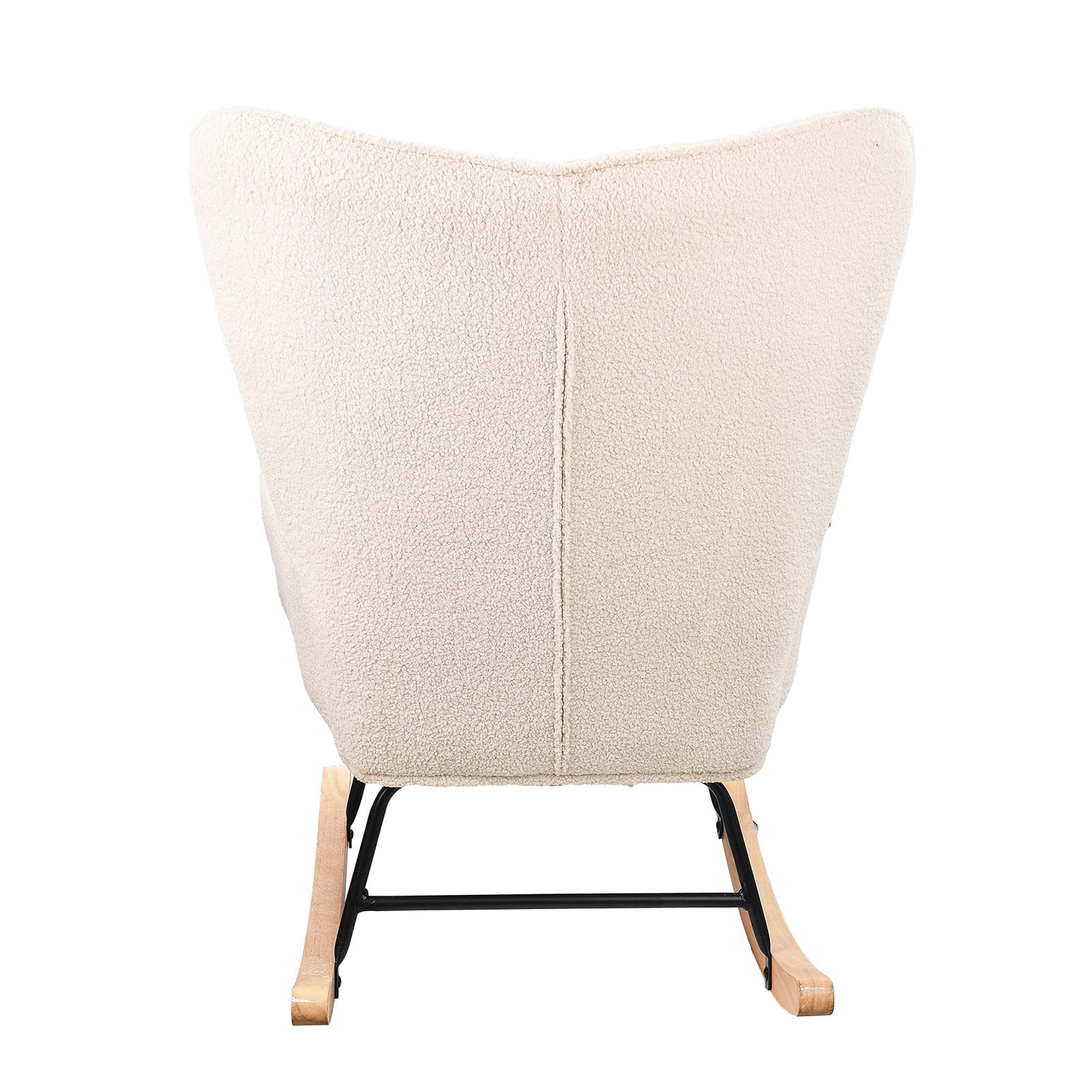 Fauteuil à Bascule, Fauteuil de Relaxation en Tissu Peluche, Chaise à basule avec Dossier Haut, Structure Bois Massif/Métal, Charge maximale : 130 kg (Beige)