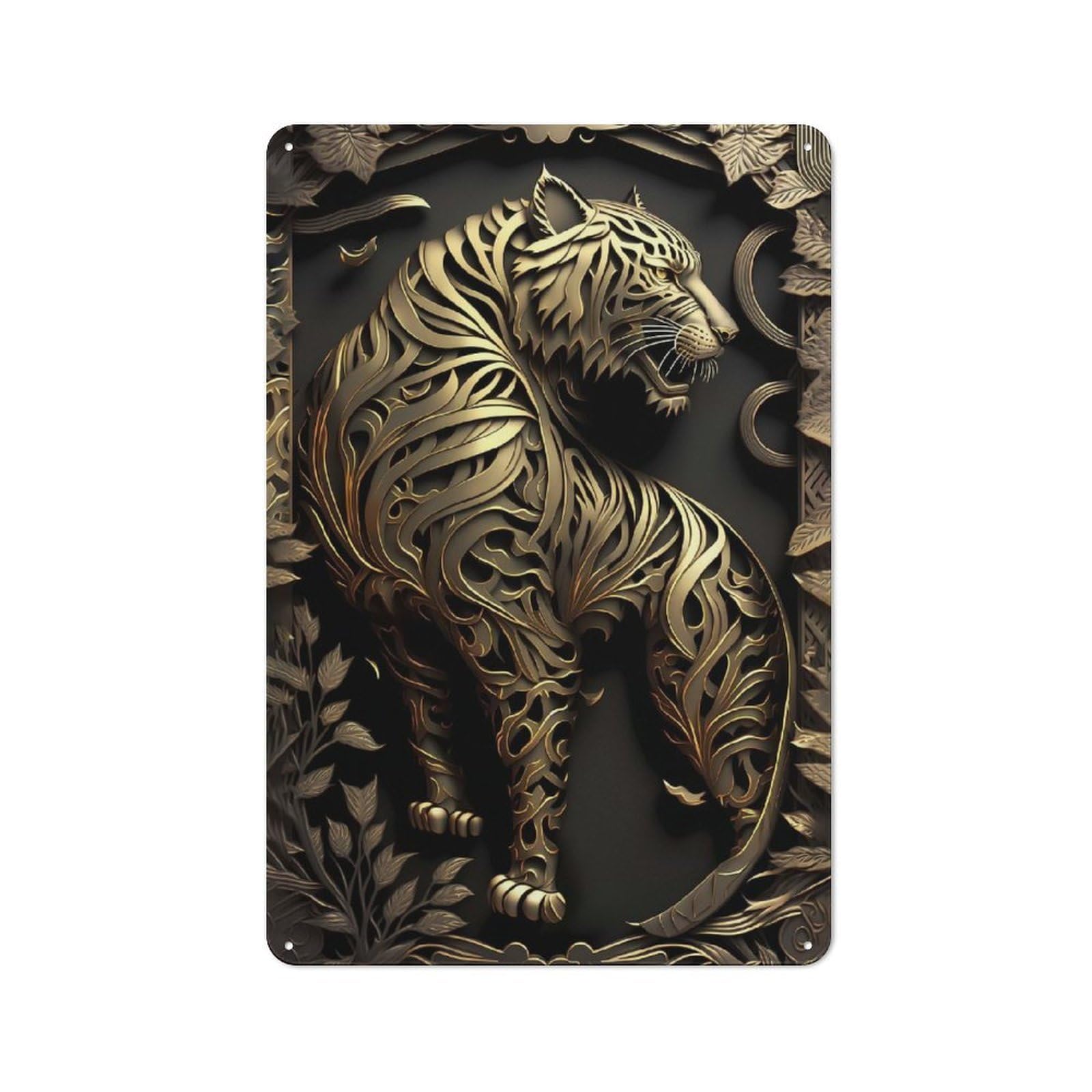 Tiger Lord Golden Art Deco Understated Metal Wall Decor 30x20cm, Office Metal Sign for Office, Study, Studio Or Hallway