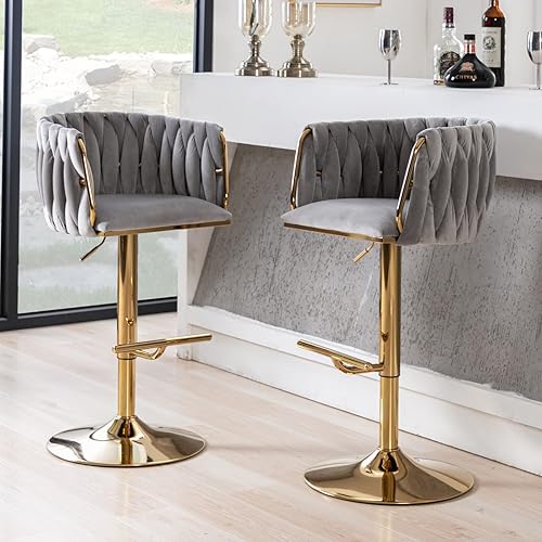 Miniatura 9 de LukeAlon Taburetes de bar giratorios de terciopelo, silla de bar moderna de altura ajustable con base dorada, respaldo tejido con reposapiés para el