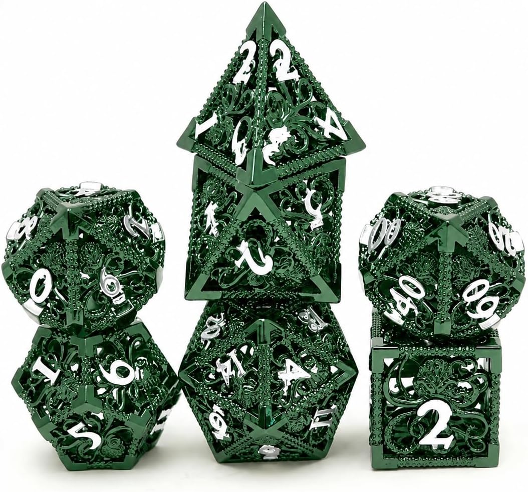 Cthulhu Hollow Metal DND Dice Set, 7Pcs Green Enamel Hollow Cthulhu Dice with Black Iron Box for Dungeons and Dragons, COC, RPG, Tabletop Role Playing & Board Games Gift (Cthulhu Green)