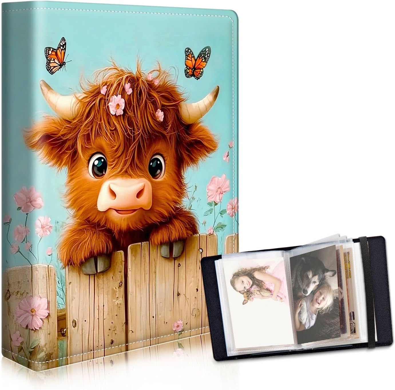 Photo Albums 4x6 Pictures, Highland Cow with Butterfly Large Capacity Leather Cover Photo Book with Clear Pockets, Family Picture Album for Wedding Anniversary Baby Travel