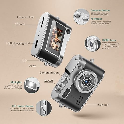 Miniatura 9 de Mini cámara digital vintage, cámara llavero 1080P HD con lente de 2 MP, flash, grabación de video, tarjeta 32G incluida, cámara retro portátil y