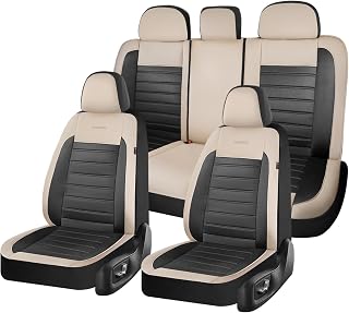 Coverado Car Seat Covers Full Set, Luxury Leather Car Seat Covers, Automotive Front and Rear Mesh Seat Covers, Full Set 5 Seats, Black Beige Seat Covers for SUV Sedan Truck