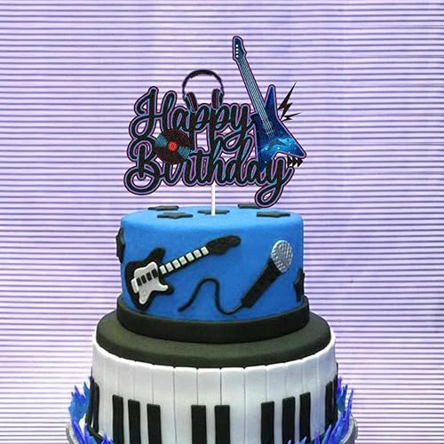 Miniatura 3 de Decoración de guitarra eléctrica para pastel de cumpleaños negro y morado con purpurina de rock and roll, notas musicales musicales, tema de