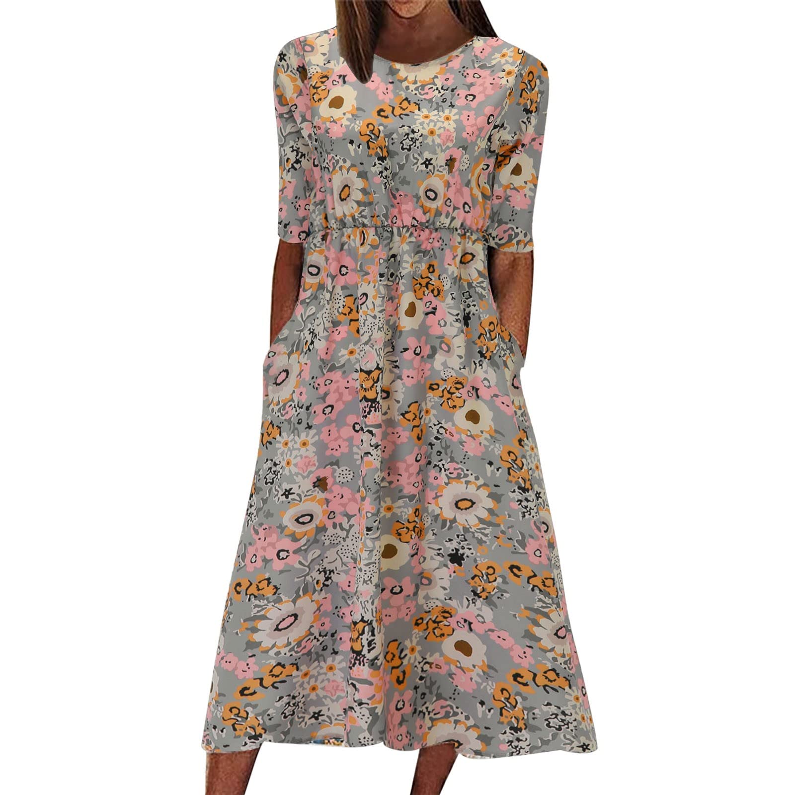 Abito da donna, casual, con motivo floreale bohémien, con tasche, maniche corte, lungo, estivo, da spiaggia