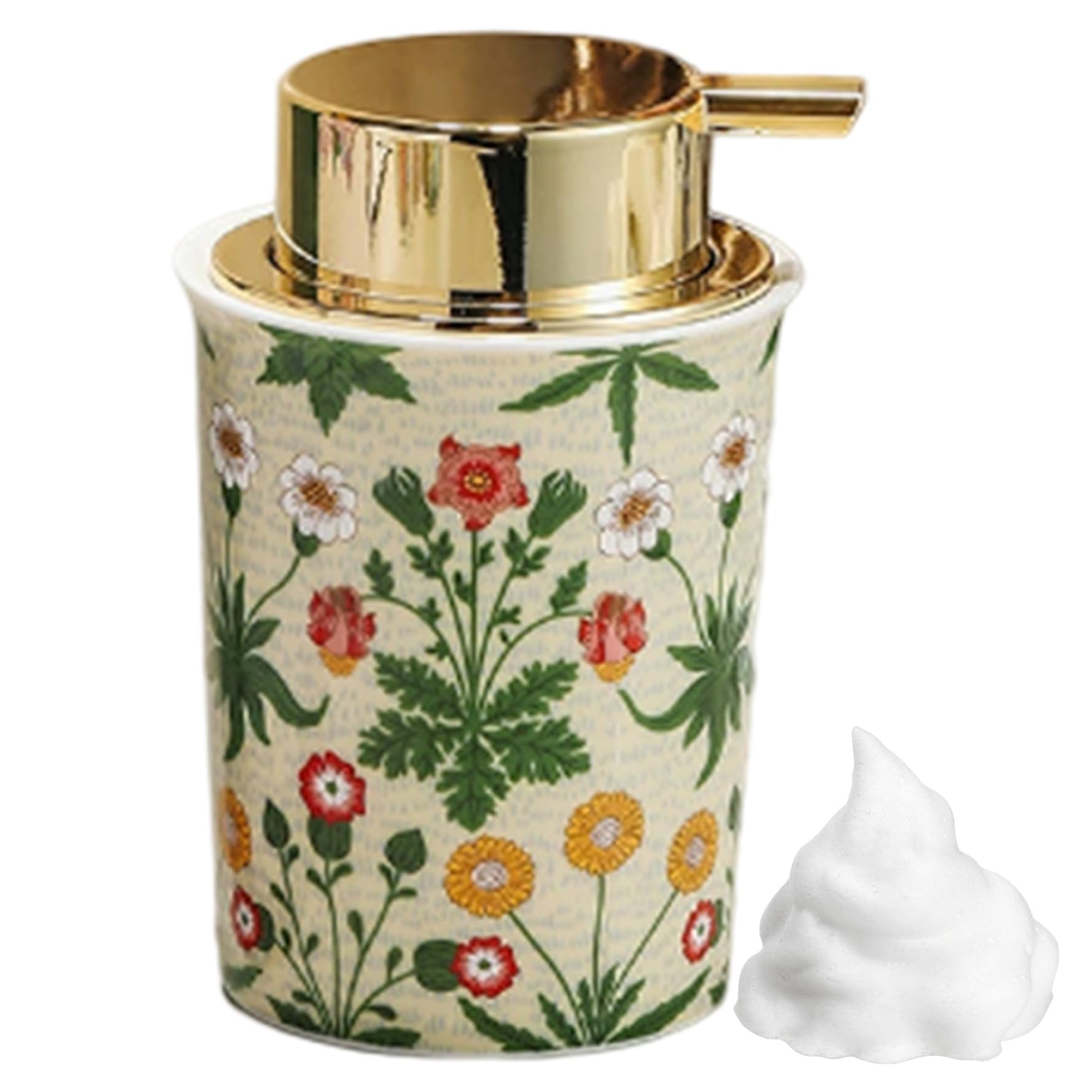 Dispensador de jabón espumoso de cerámica Vintage Floral de 250 ml, Botella de loción Recargable con Bomba ABS Dorada para Cocina baño Verde, dispensadores de loción