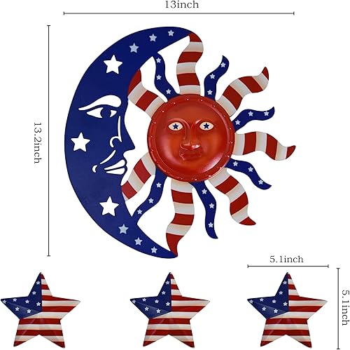 Miniatura 2 de Decoración de pared de sol, 4 piezas de decoración grande de sol, luna, estrella, escultura de pared, bandera estadounidense, decoración para colgar