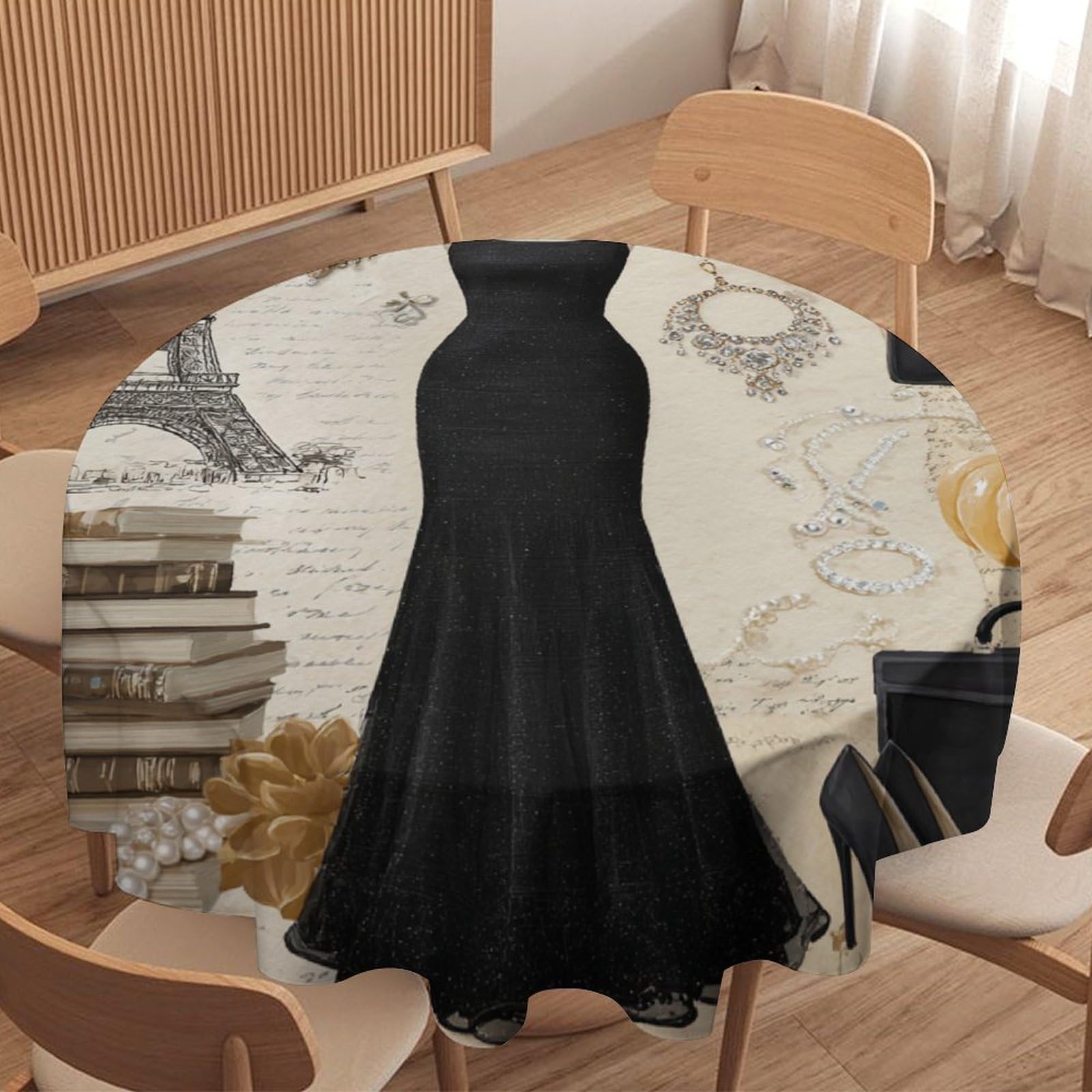 LUYYSKY Beautiful Abstract Black Dress Waterproof Round Tablecloth Vintage Romantic Makeup Themed Paris Style Eiffel Tower Washable Table Cover for Kitchen-177.8" Wx177.8 L cm