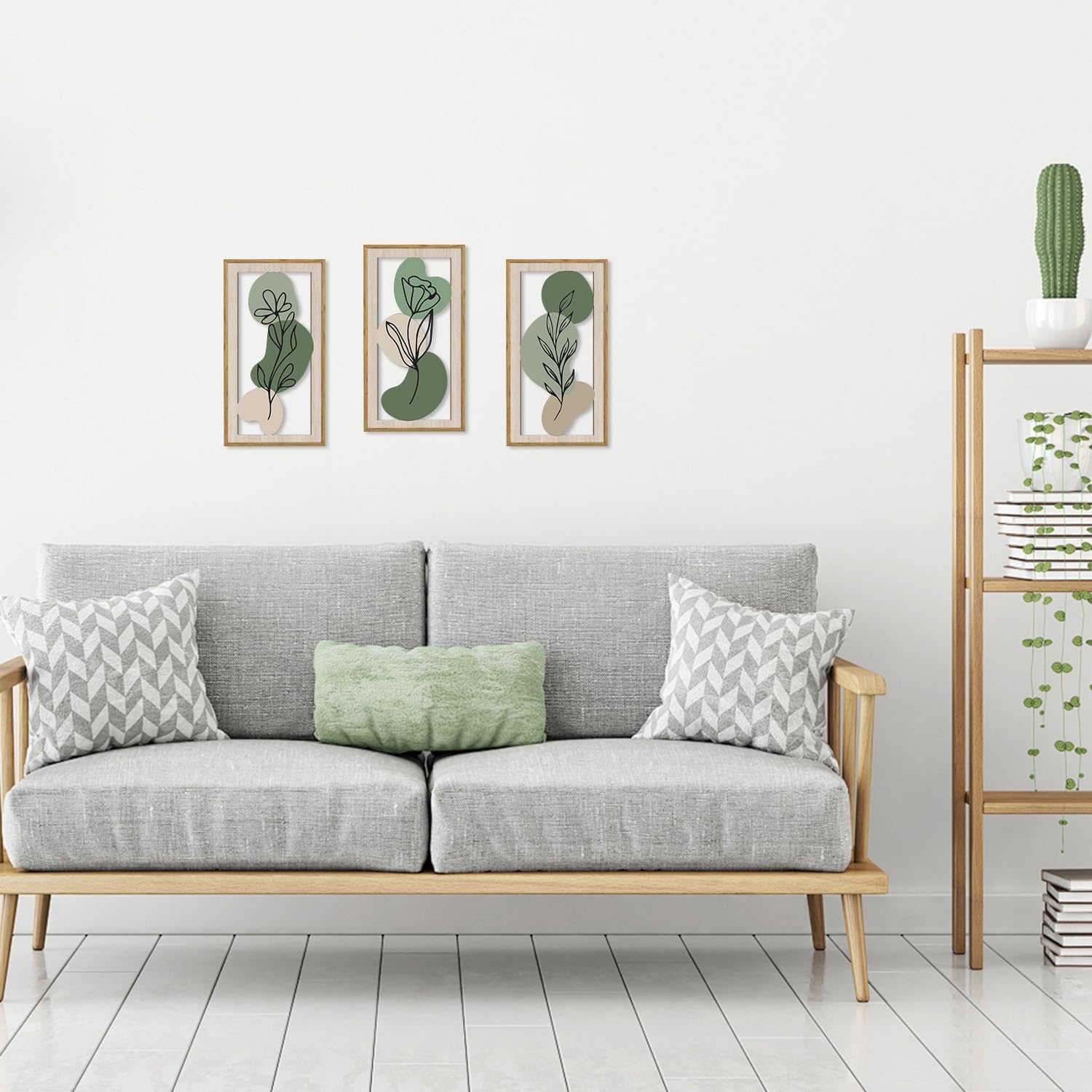 HPNIUB 3 PCS Minimalist Floral Wall Decor, Boho Green Geometric Hanging Wood Sign for Living Room, 8x16Inch Modern Bohemian Botanical Leaf Wooden Plaque for Apartment Bedroom Office Decoration