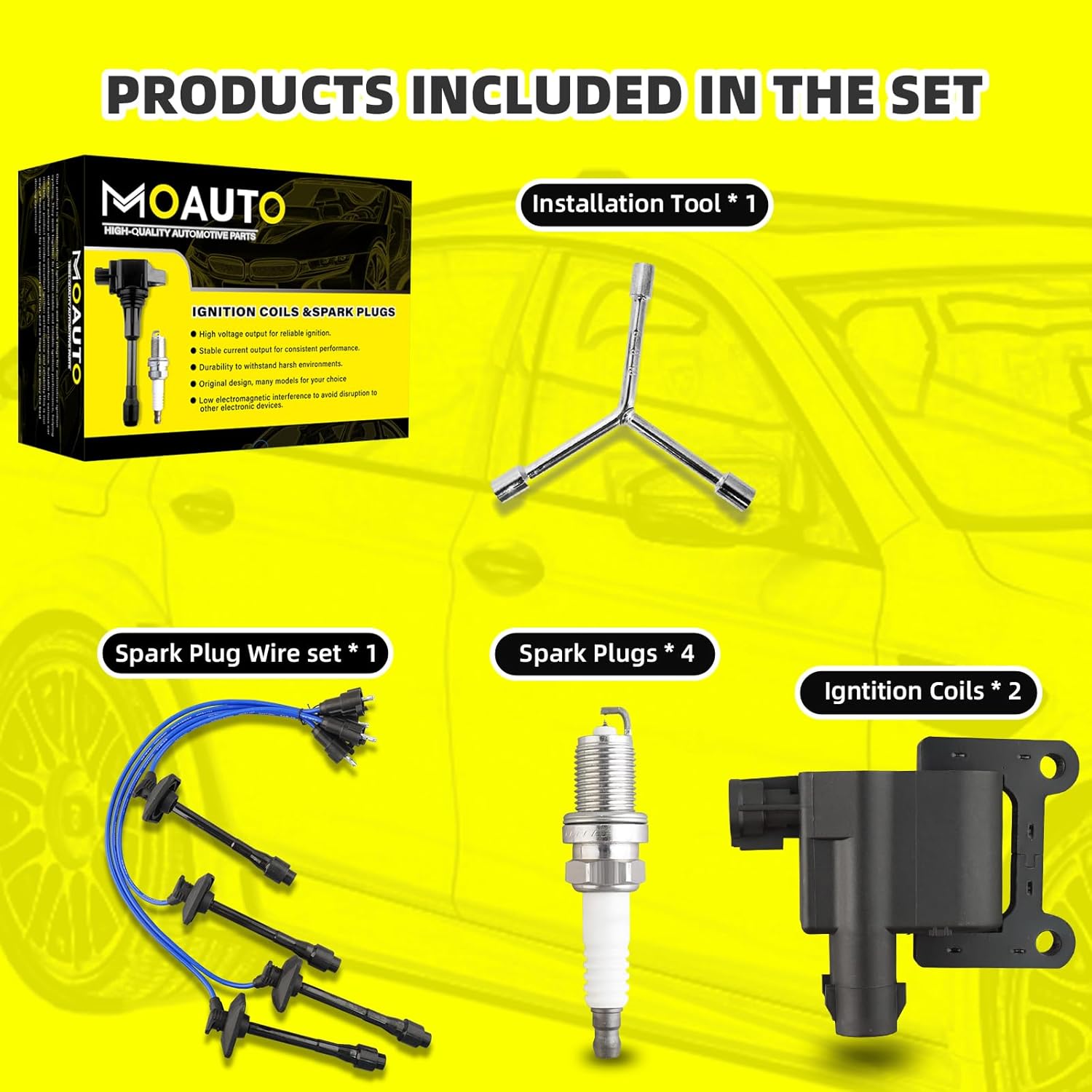 Set of 2 Ignition Coils Pack 9008019007 UF180 & 4 PCS Iridium Spark Plugs with Wire Set Compatible with Toyota Camry Solara RAV4 - L4 2.0 2.2