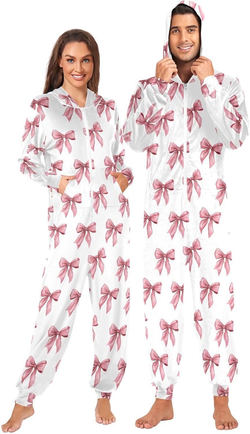 ALAZA Long Pink Bow Adult Onesie Pajamas Set for Men Women Hooded Costume One-Piece Sleepwear Jumpsuit