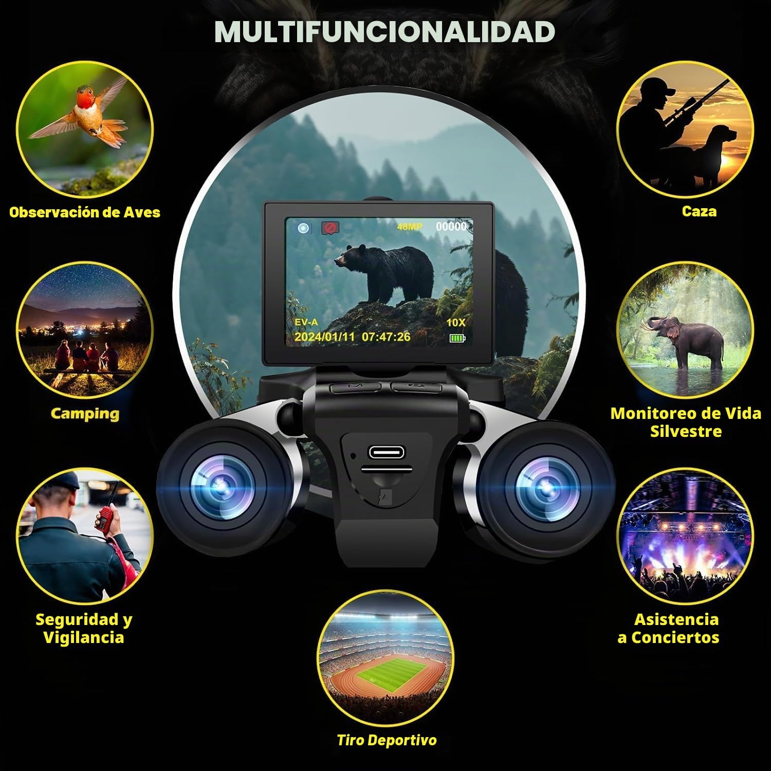 Prismáticos digitales LCD de 2.4 pulgadas con cámara, grabación de video de 48 MP y 2.5 K, óptica de 12 x 32, zoom digital 8X para observación de aves, caza, conciertos y deportes, incluye tarjeta de