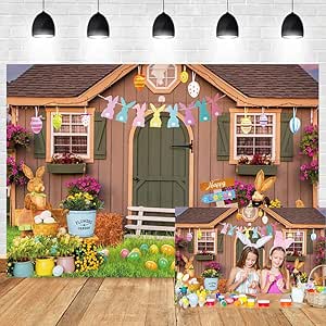 Easter Backdrop,Spring Flower Photograph Backdrop,Rabbit Colorful Eggs Photography Backdrop Background Wooden Wall Backdrop Kids Children Party Suppl