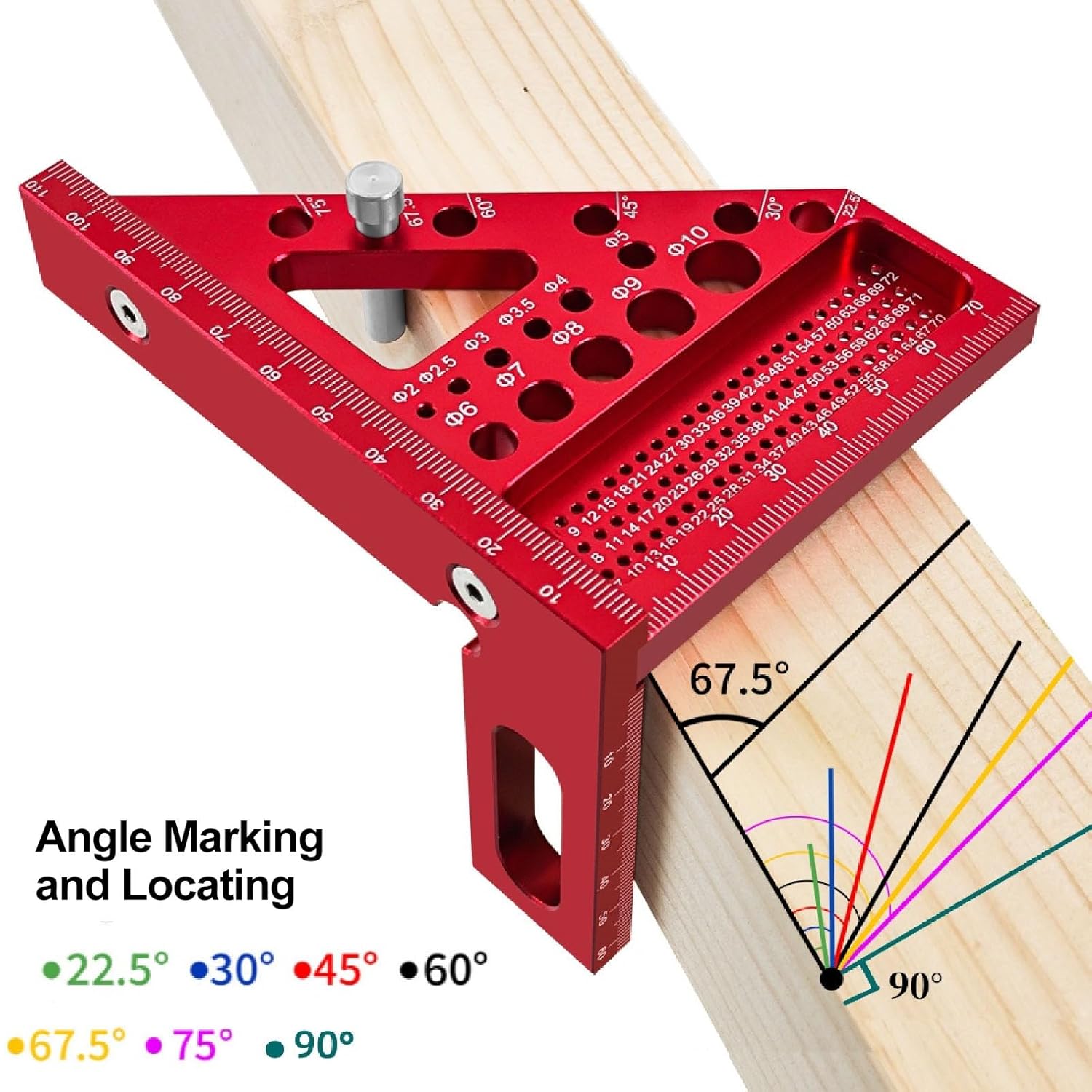 Woodworking Triangular Ruler, Woodworking Square Protractor Aluminum Alloy Miter Triangular Ruler, 3D Multi Angle Measuring Ruler, Multi Angle Layout Measuring Tool (Red)