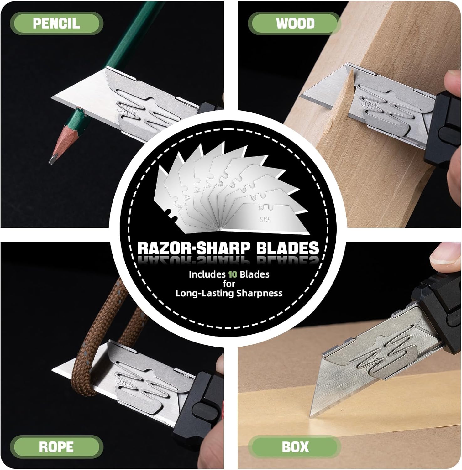 cckk Retractable Utility Knife, Green EDC Box Cutter Retractable Pocket Knife with 10PCS Razor Blades, Safty Heavy Duty Box Cutter with Clip