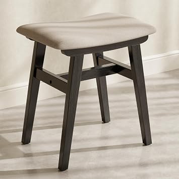 Solid Wood Vanity Stool, Compact Makeup Chair with Saddle Cushion, Linen-Covered High Rebound Sponge Seat, Easy Assembly Footstool for Bedroom, Entryway, Home, Black