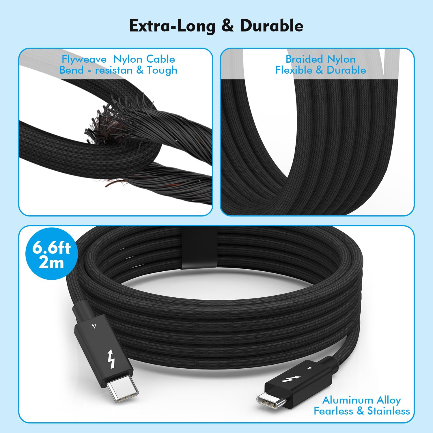Thunderbolt 4 Cable,6.6 FT Woven USB C Data Transfer Cable, Support 240W Fast Charging/40Gbps Transfer/8K Displays for USB4,Thunder bolt 3,2meter USB C Thunderbolt 4 Cord for MacBook,iPad,iPhone 16/15