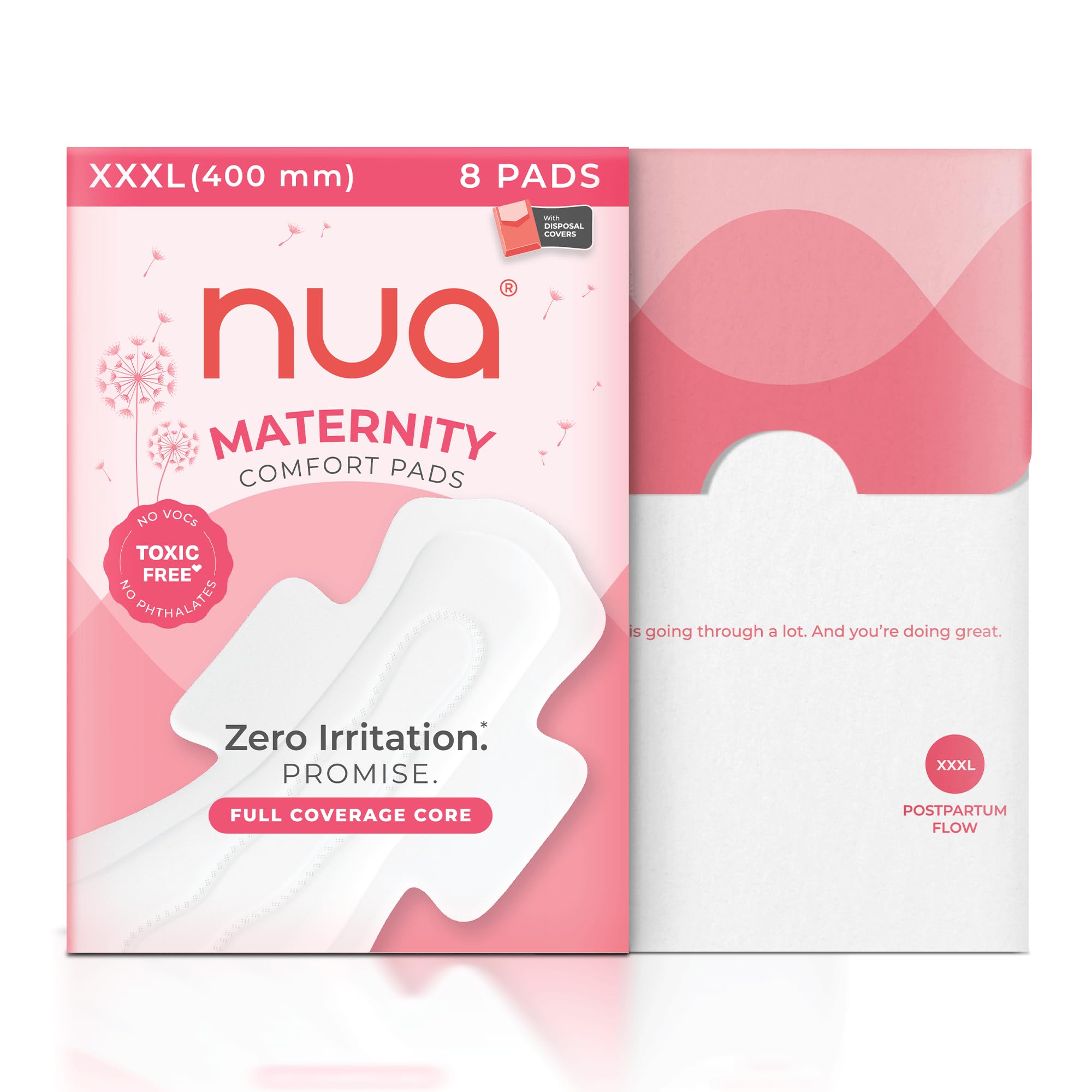 Nua Maternity Comfort Pads | XXXL 400mm | Pack of 8 | For Postpartum Bleeding and Clots | Rapid Absorbent Core | Edge-to-edge Protection | Elevated Central Core | Front to Back Coverage | Super Soft and Breathable | No Rashes | 100% Toxic-Free, Dermatologically Tested | Safe on Skin | Convenient and Hygienic Disposal