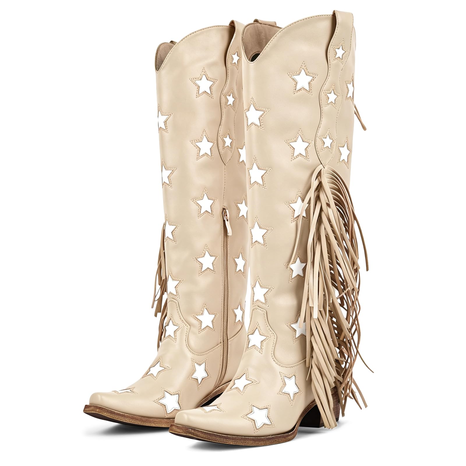 richealnini Western Thigh High Cowboy Boots with Fringe Over Knee Wide Calf Cowgirl Boots