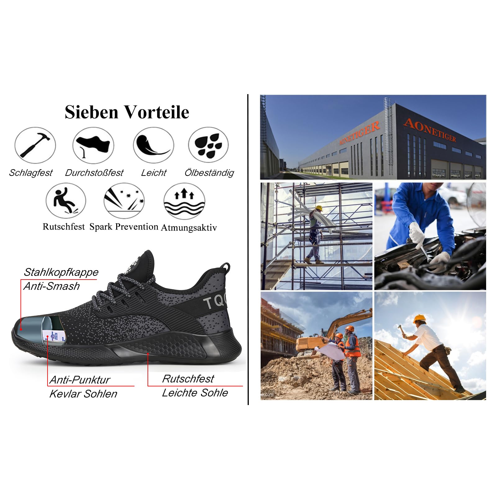 AONETIGER Buty ochronne dla mężczyzn i kobiet, lekkie buty robocze, stalowy nosek, sportowe, oddychające, antypoślizgowe, 8195 czarny, 45 EU