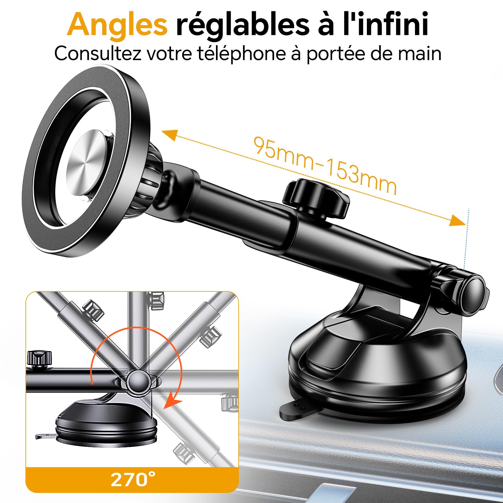 Coolpow Support magnétique pour téléphone Portable avec Ventouse sous Vide, Ventouse Extra Forte, Support pour téléphone Portable Magsafe réglable à 360° Noir [adhésif + Vide]