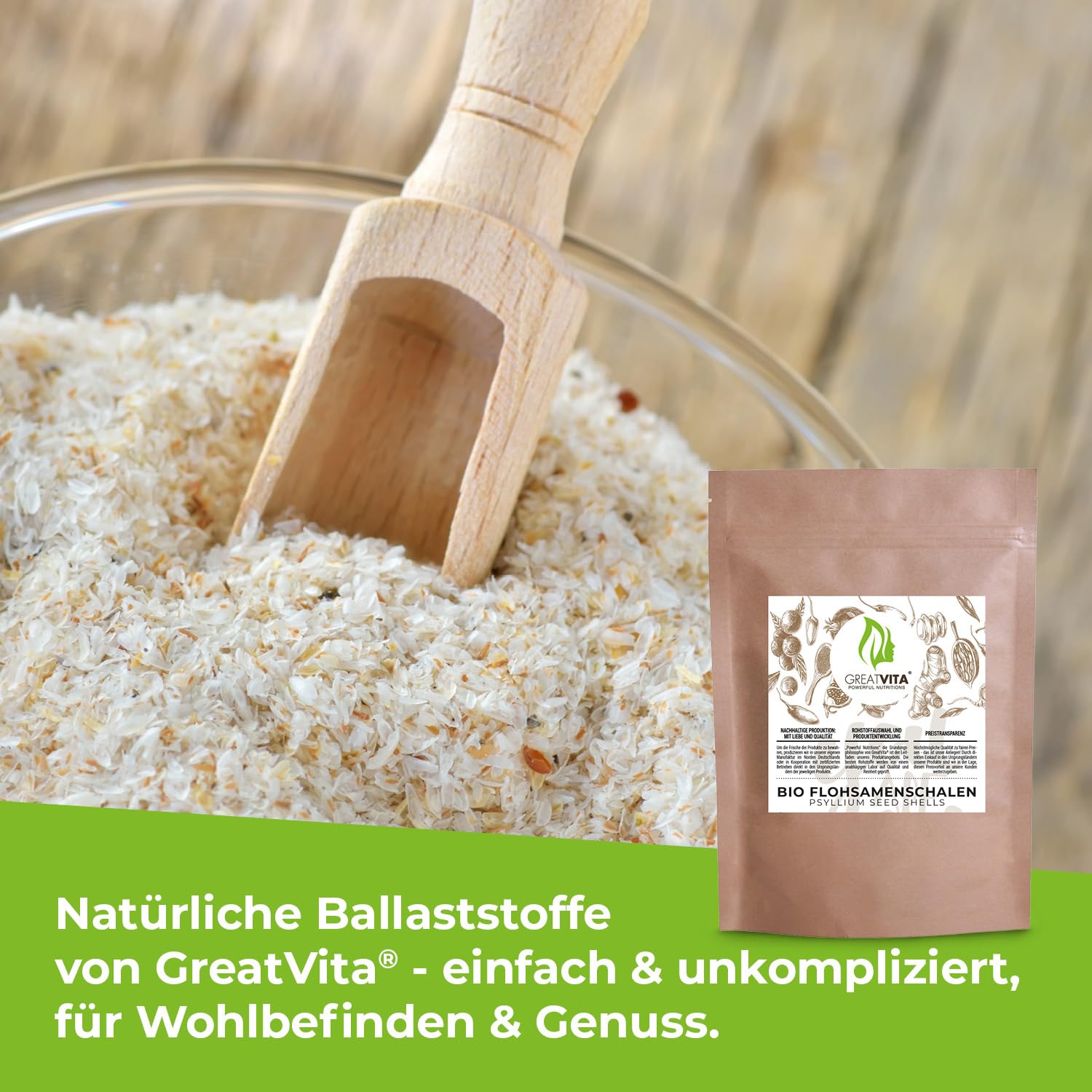 GreatVita Bucce di psillio organico, puro al 99%, (1 x 1000g) Bucce di psillio indiano, ad alto contenuto di fibre e vegano, L'imballaggio può variare
