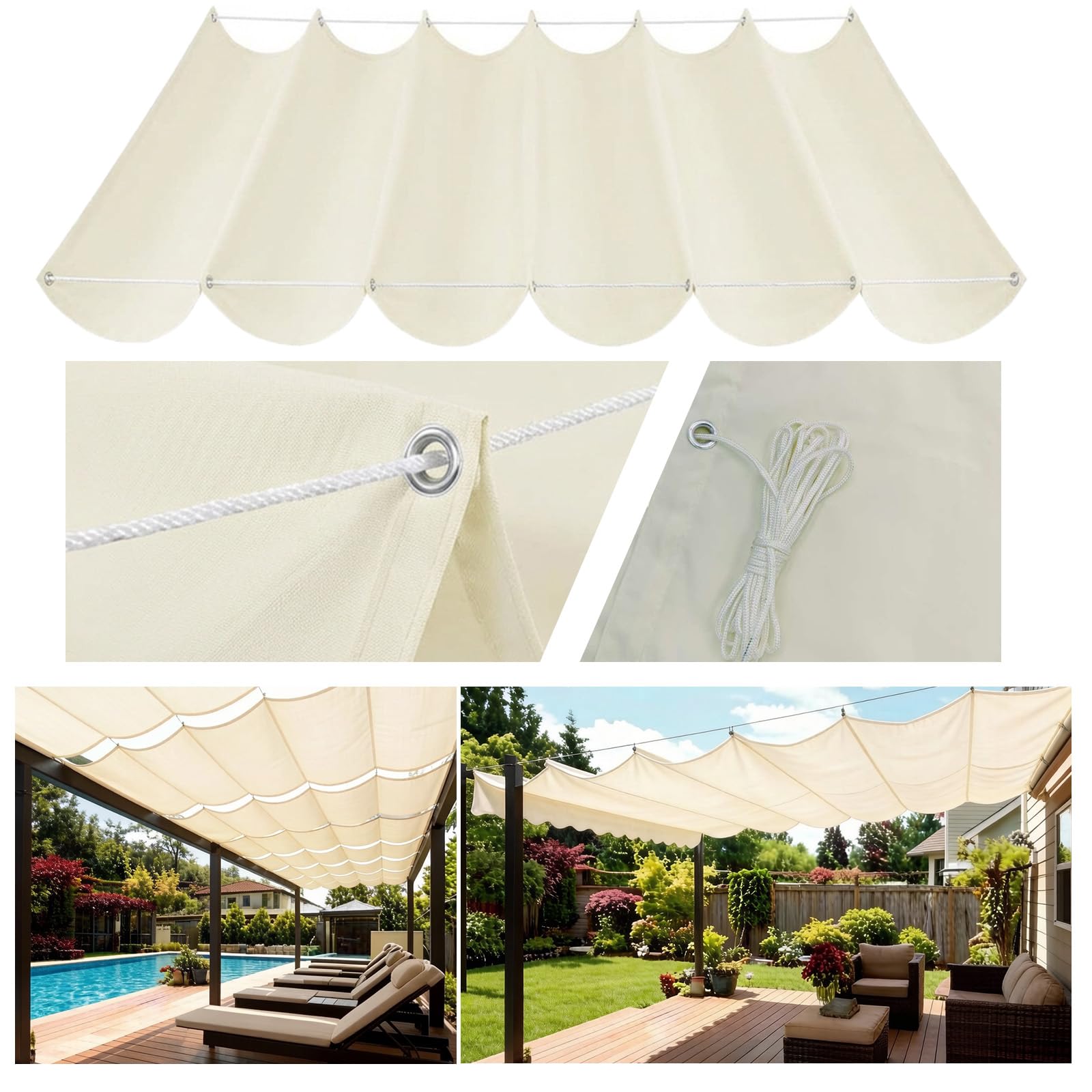 Wodoodporny żagiel przeciwsłoneczny, zwijany w kształcie litery U, blokujący promieniowanie UV, poliester, baldachim przeciwsłoneczny z liną-Cream||160x300cm(63x118in)