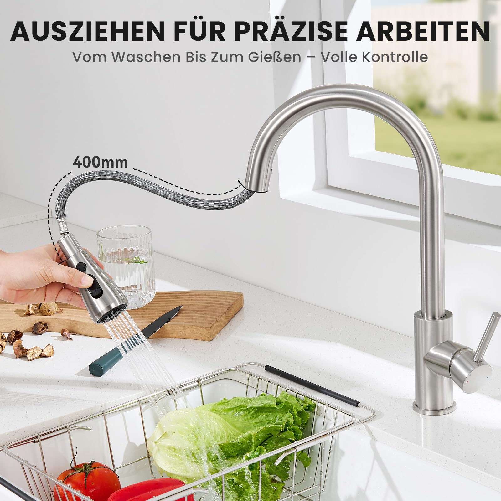 CECIPA Wasserhahn Küche, Hochdruck Küchenarmatur mit ausziehbar Brause, Armatur Küche mit zwei Sprühfunktionen, 360° schwenkbarer, Spültischarmatur mit einfacher Montage, Edelstahl Gebürstet | Mit 3 Wasserstrahlarten, ausziehbarer Brause, 360 Grad schwenk