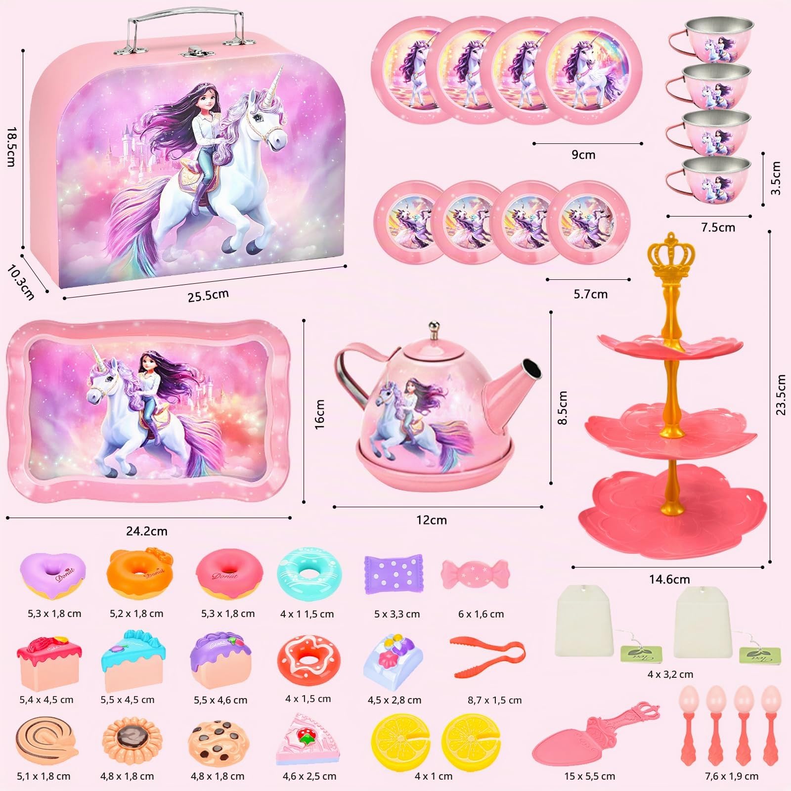 48 Pezzi Set da Tè Per Bambini, Tè Pomeridiano Accessori Cucina Bambini con Dessert Donut Tazze Piatti, Set Cucina Giocattoli per Natale Compleanno Regalo Bambina 3 4 5 6 7 Anni