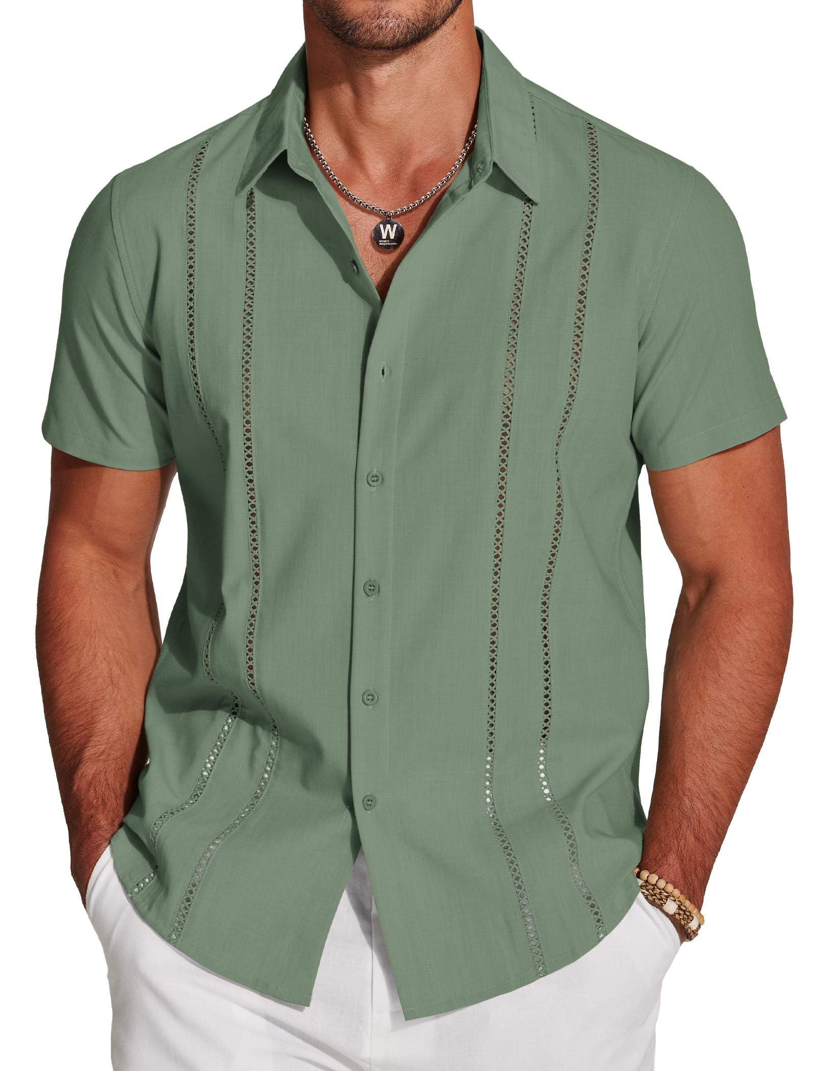 COOFANDY Men's Cuban Guayabera Shirt Short Sleeve Button Down Shirts Casual Summer Beach Linen Shirts