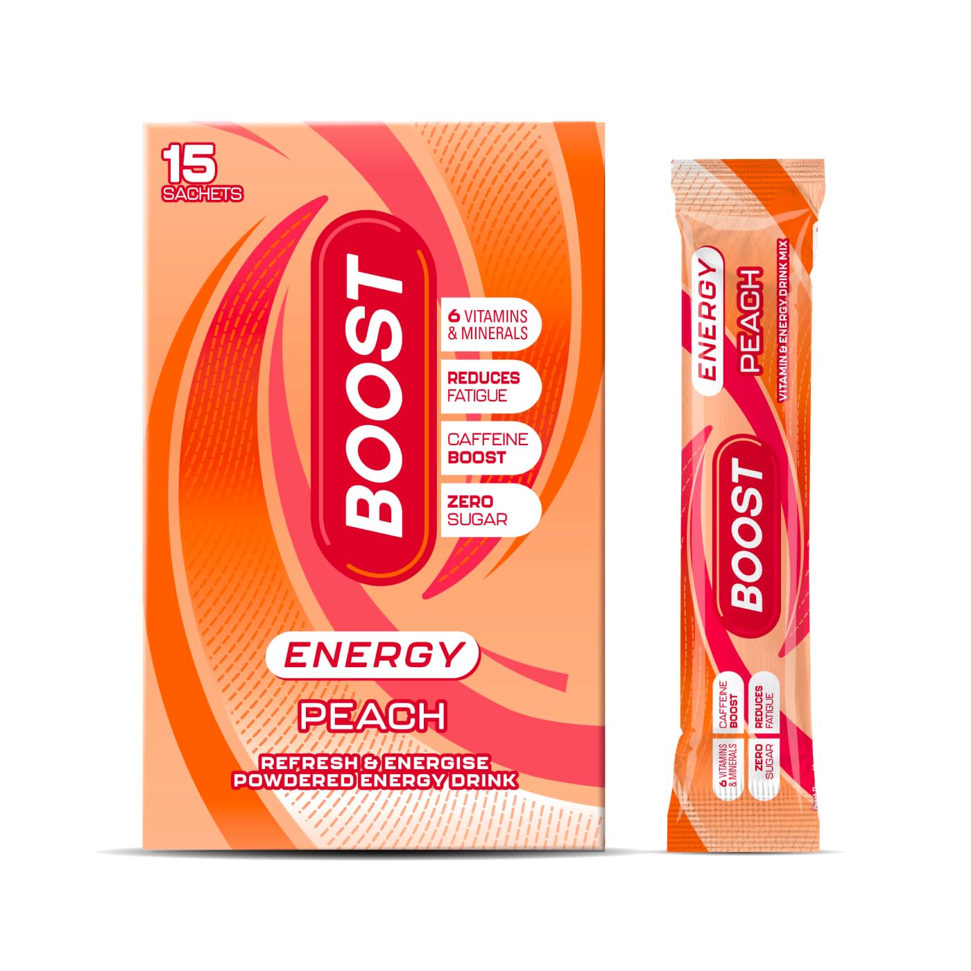 Boost Energy and Hydration Powder - Peach Flavour - 15x Pack Sachets - Sugar Free Caffeine Energy Drink Powder with Vitamins, Mineral & Zinc for Energised Hydration - Suitable for Vegans