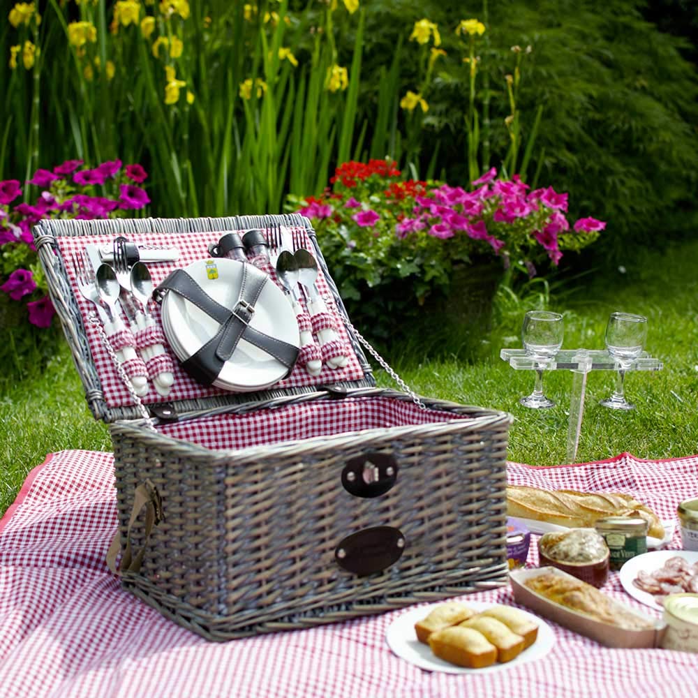 Les Jardins de la Comtesse - Cestino da picnic "Sully" in vimini grigio - 4 persone - Piatti in ceramica/bicchieri da vino - Tessuto Vichy rosso - 40 x 28 x 20 cm