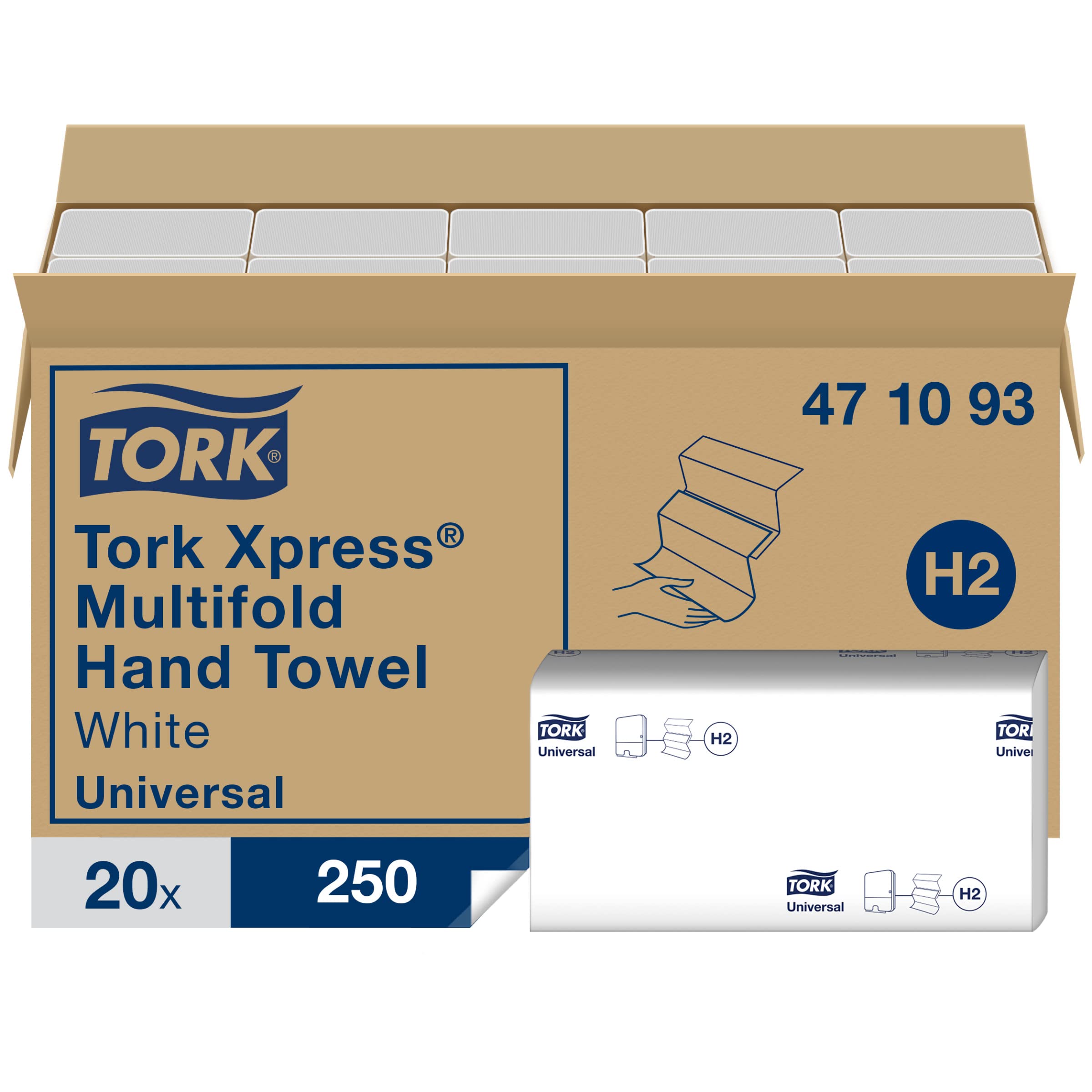 Tork 471093 Toallas de mano Universal Xpress desechables, entreplegadas en Z compatibles con el sistema de Tork H2, 1 capa,Blancoo, 20 x 250 hojas (21.3 x 23.4 cm)