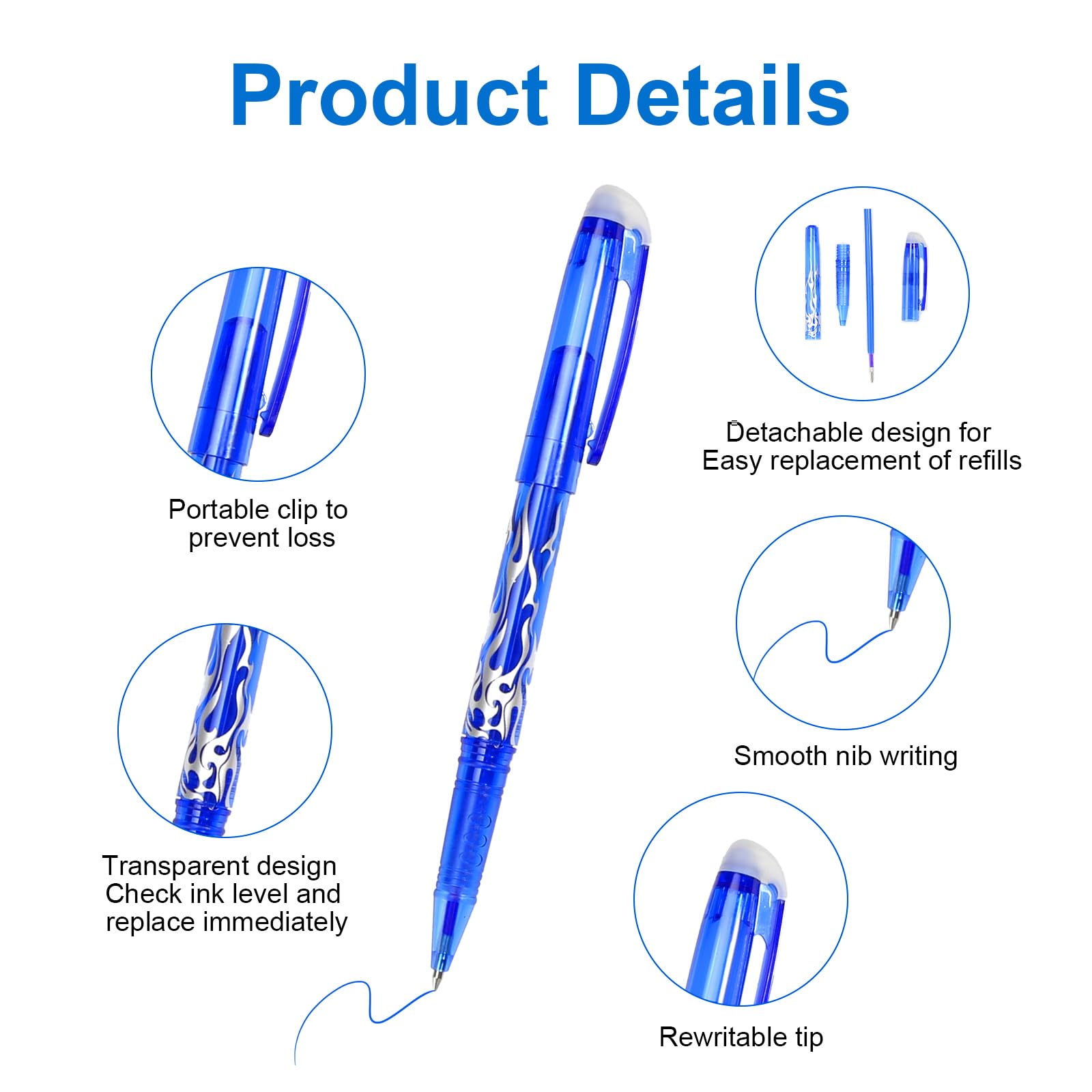DUTIFUL 10PCS Erasable Gel Pens With Rubbers on End - Blue Ink - Rub Out Writing Instruments for Kids Adults - School Office Supplies - Image 3