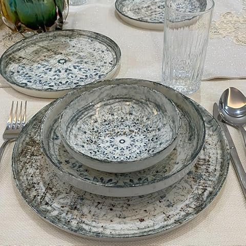 Blue Rustic Porcelain Dinnerware Set, Serving Plate, Cake Plate, Salad Bowl, Soup Bowl, Tableware Set (2 People (8 Pcs),Green) Cover