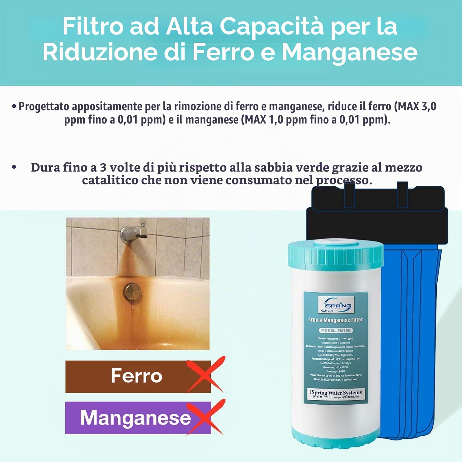 iSpring FM15B Cartuccia di Ricambio per la Riduzione di Ferro e Manganese per Sistema di Filtrazione dell'Acqua per Tutto l'Immobile WGB21BM, 1 Pezzo (Confezione da 1), 10" x 4.5" Alta Capacità