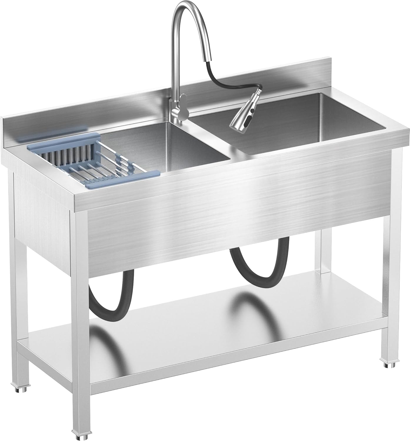 Double Bowl Kitchen Sinks Set w/Hot and Cold Faucet,Stainless Steel Utility Sink for Kitchen and Bathroom Farmhouse Style