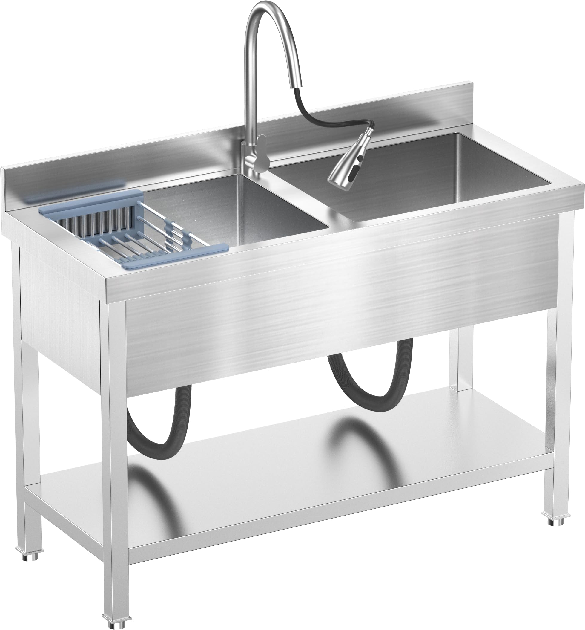 Double Bowl Kitchen Sinks Set w/Hot and Cold Faucet,Stainless Steel Utility Sink for Kitchen and Bathroom Farmhouse Style