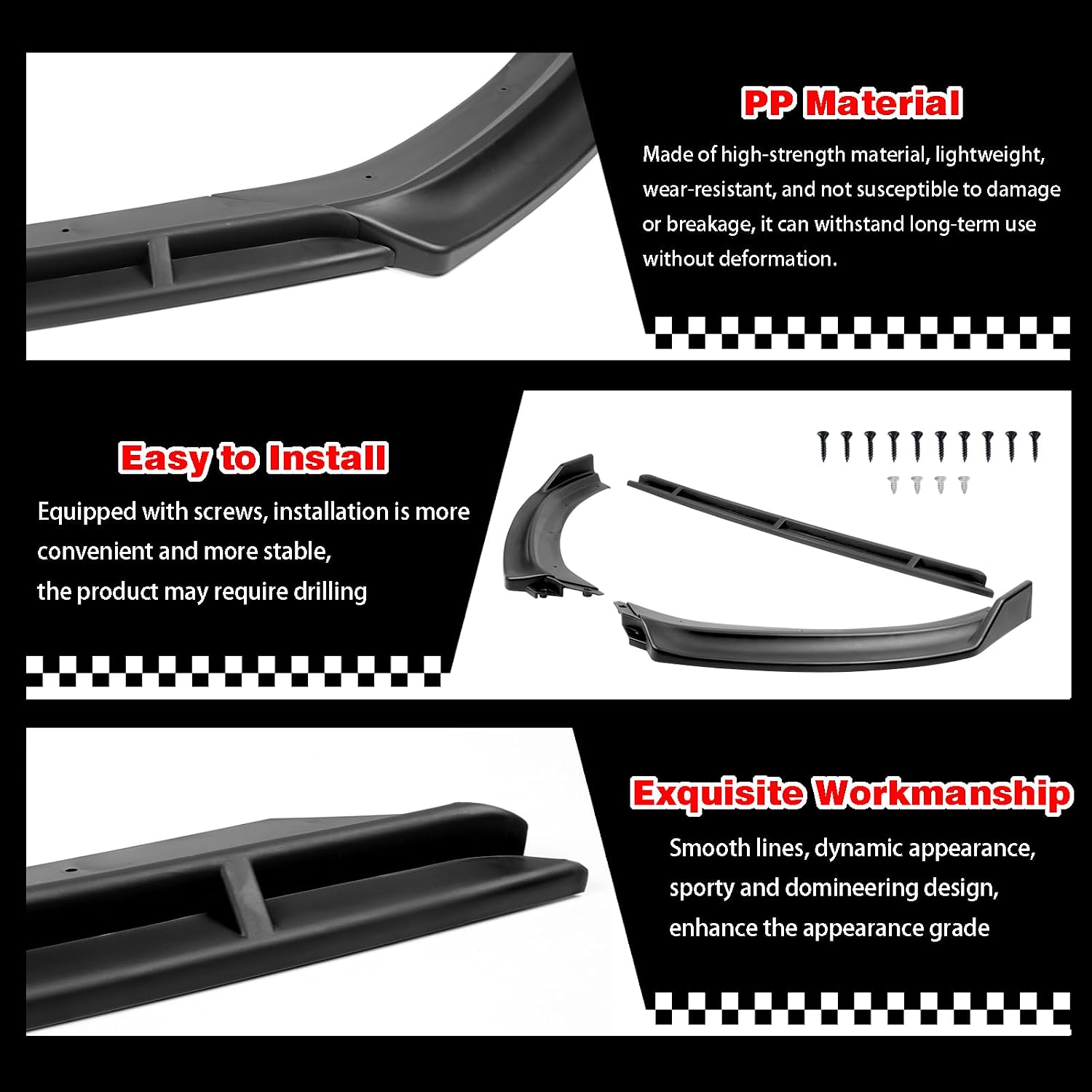 Front Bumper Lip for Audi A3 2017-2020 Glossy Black 3PCS