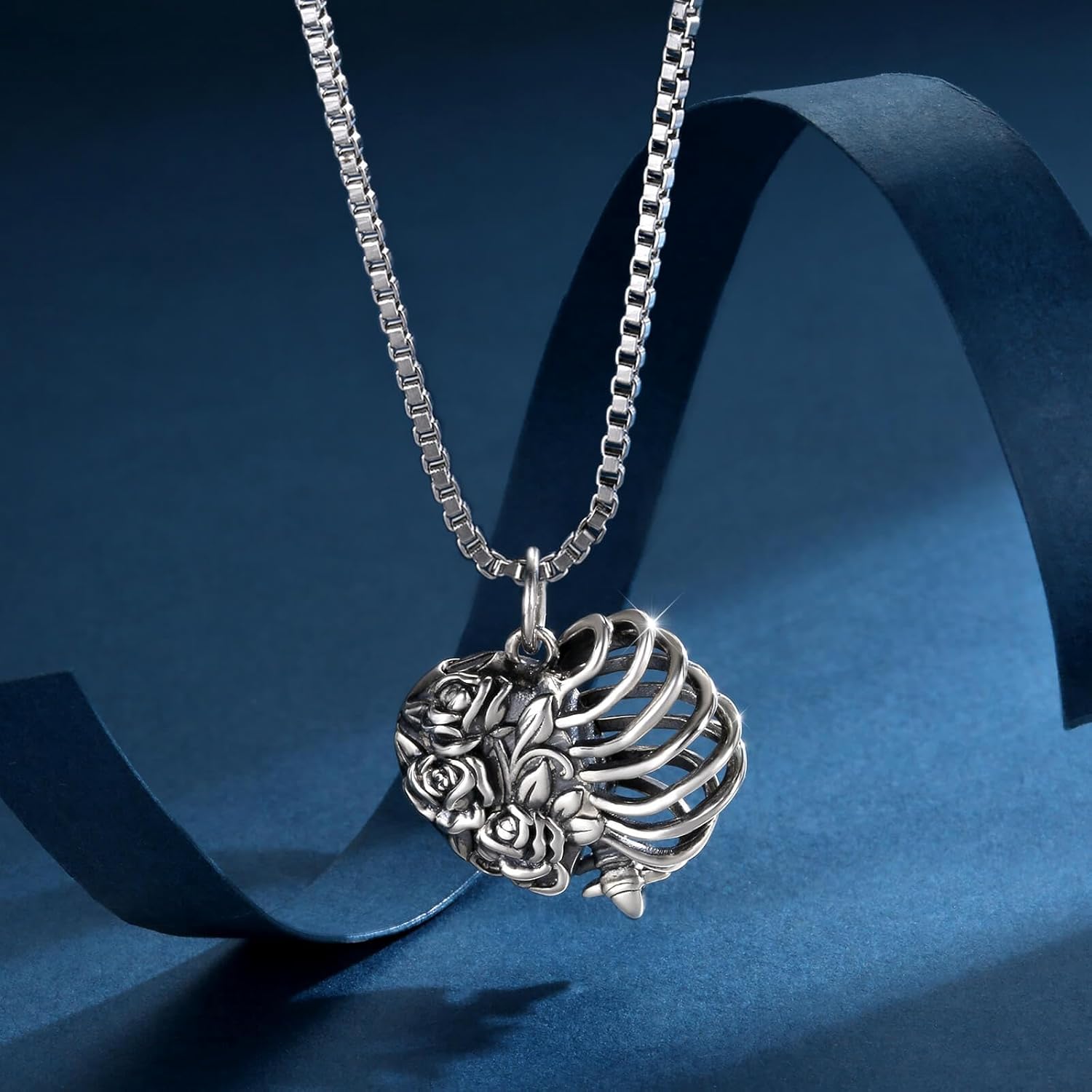 Heart Shape Rose Rib Cage Urn Necklaces for Ashes 925 Sterling Silver-Gothic Cremation Jewelry Memorial Gifts for Women