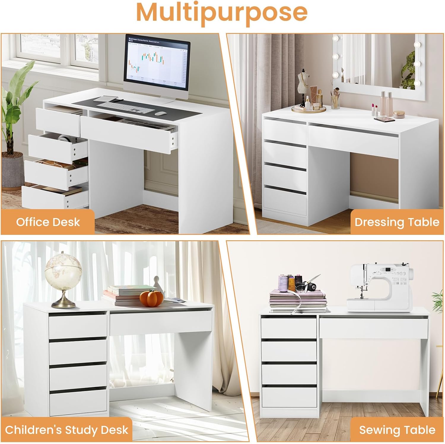 Collage of images showing the eSituro SCD0229 desk used as an office desk, dressing table, children's study desk, and sewing table