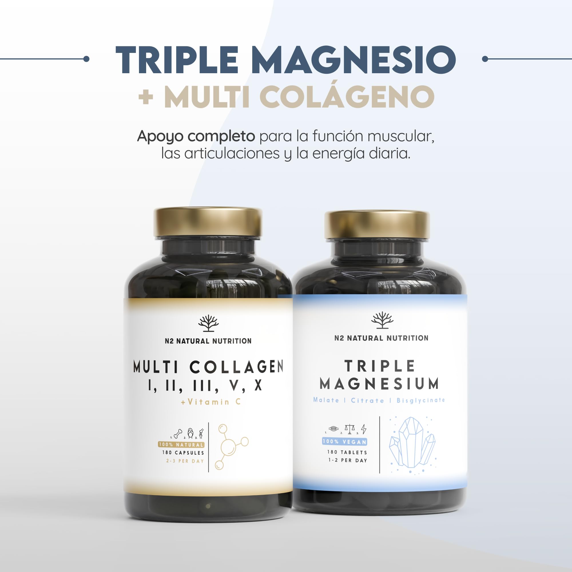 Citrato de Magnesio 1440mg + Magnesio Bisglicinato 600mg + Malato 600mg. 440mg de Elemental de Alta Biodisponibilidad. Reduce Cansancio, Alivia Dolor Articulaciones y Músculos. 3 meses. N2