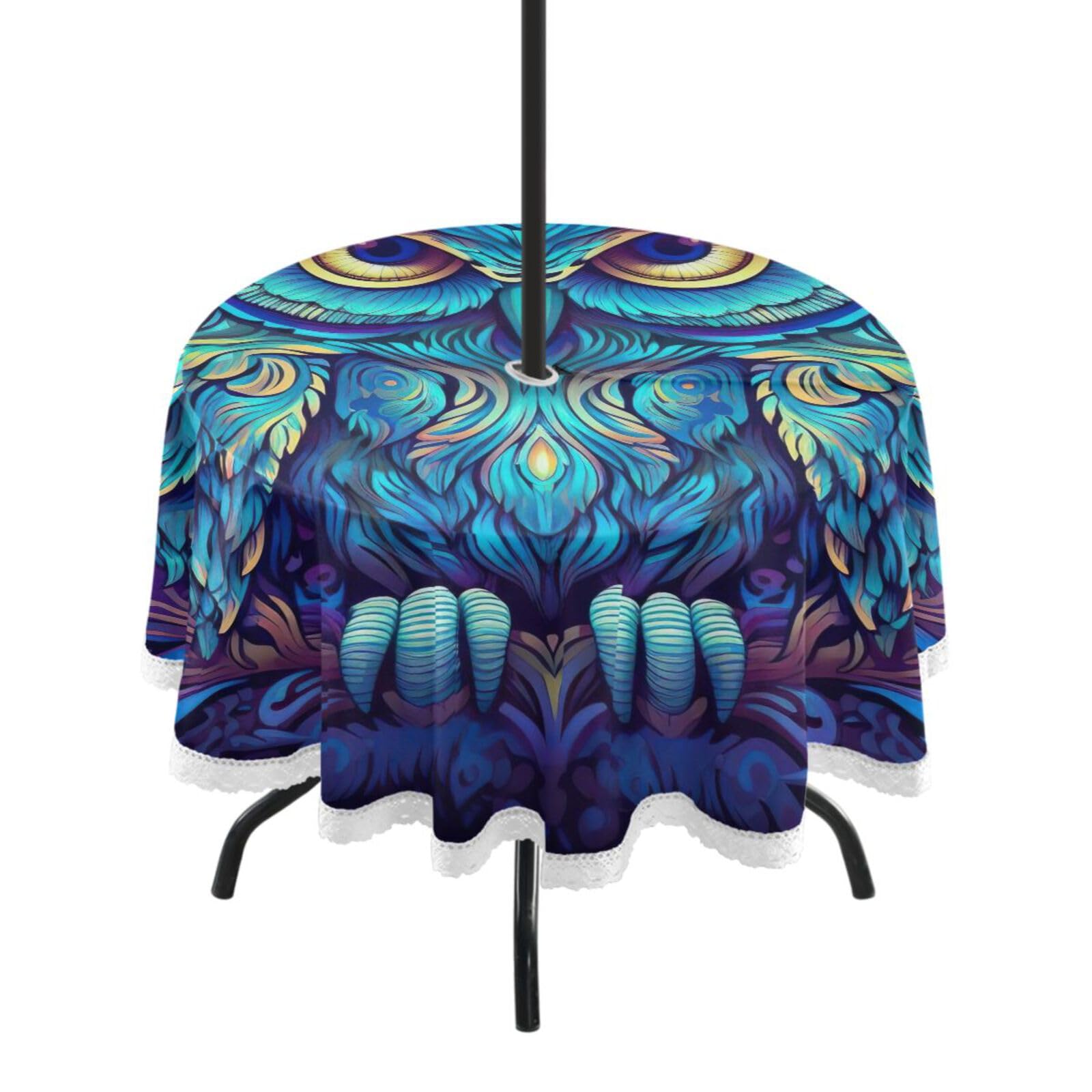 Wajiw 60 Inch Indoor Outdoor Round Tablecloth with Umbrella Hole and Zipper Waterproof Patio Table Cover for Camping Dining Room Party Outdoor Picnic,Owl